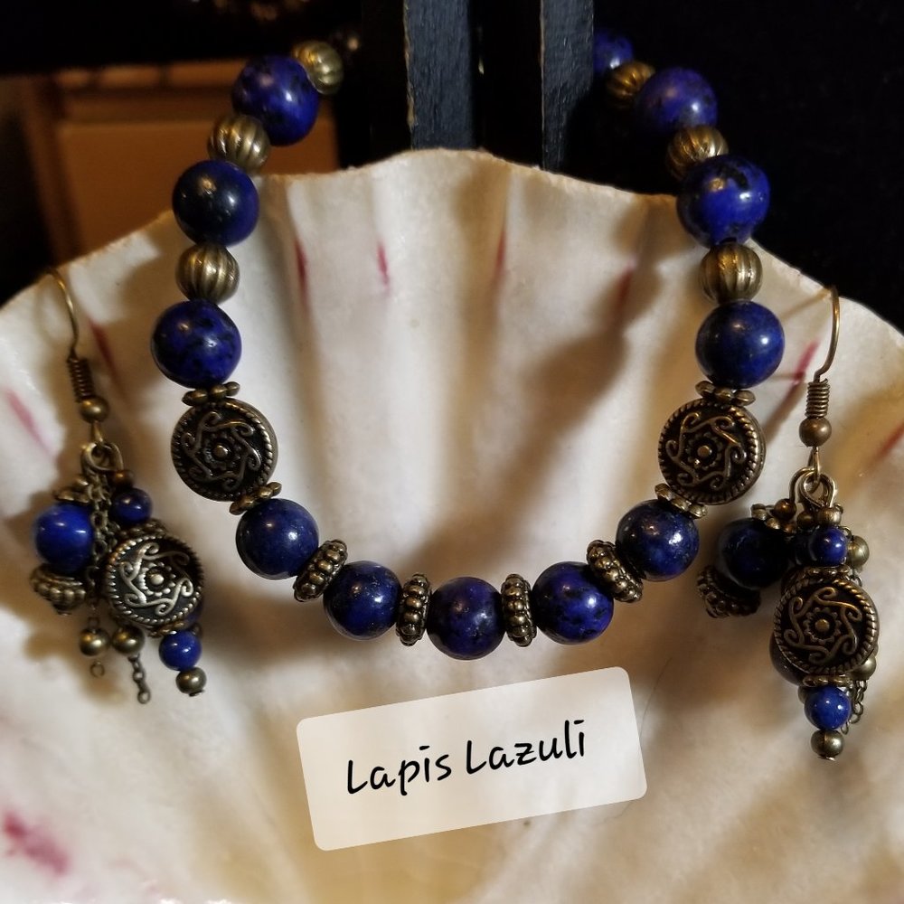 2pc Lapis Lazuli Bracelet & Earring Set Bronze